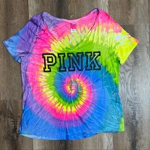 Short Sleeve Victoria's Secret PINK Custom Rainbow Tie-Dye V-Neck Tee (LARGE)